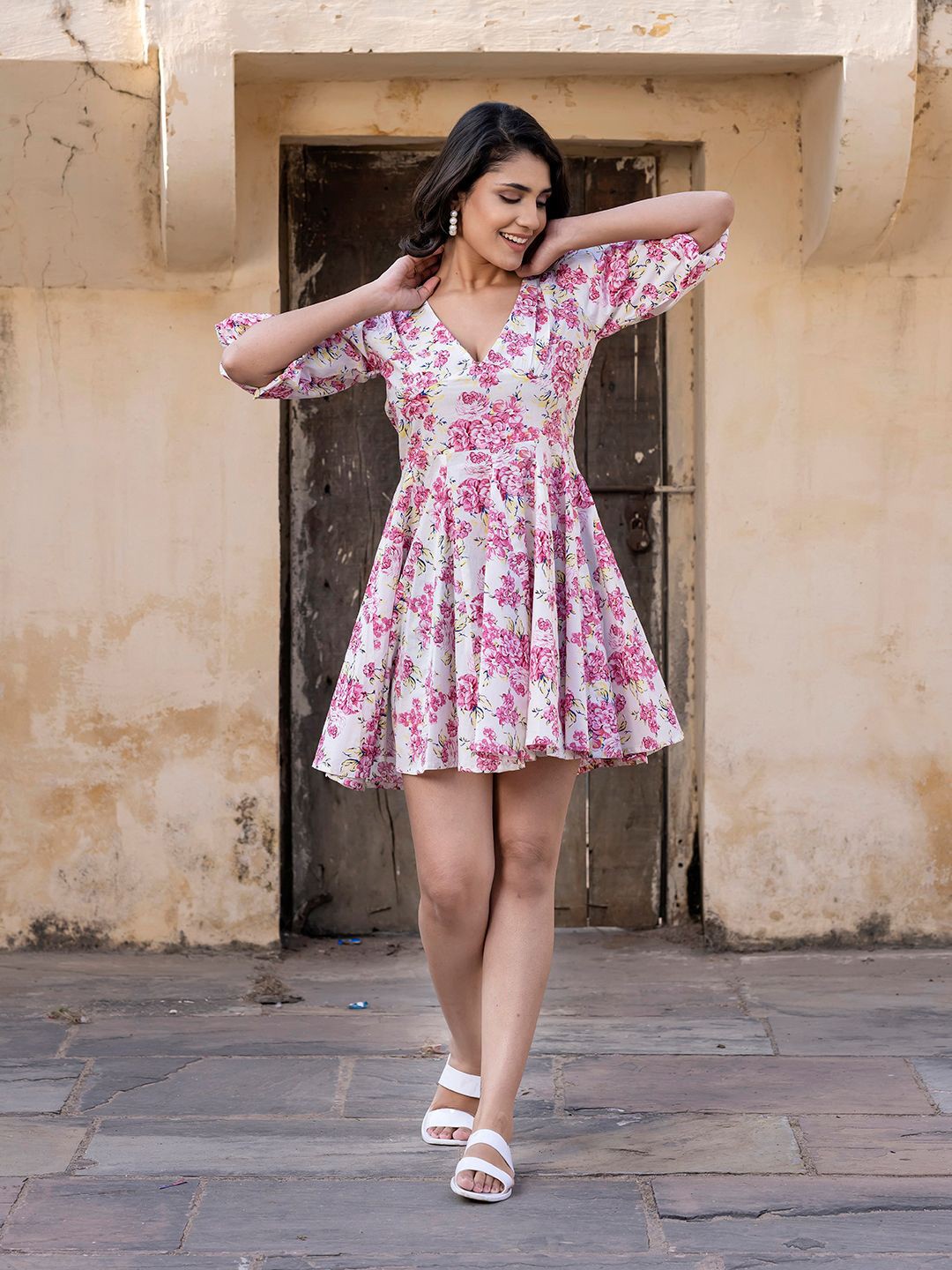

BAESD Floral Print Puff Sleeve A-Line Dress, Pink