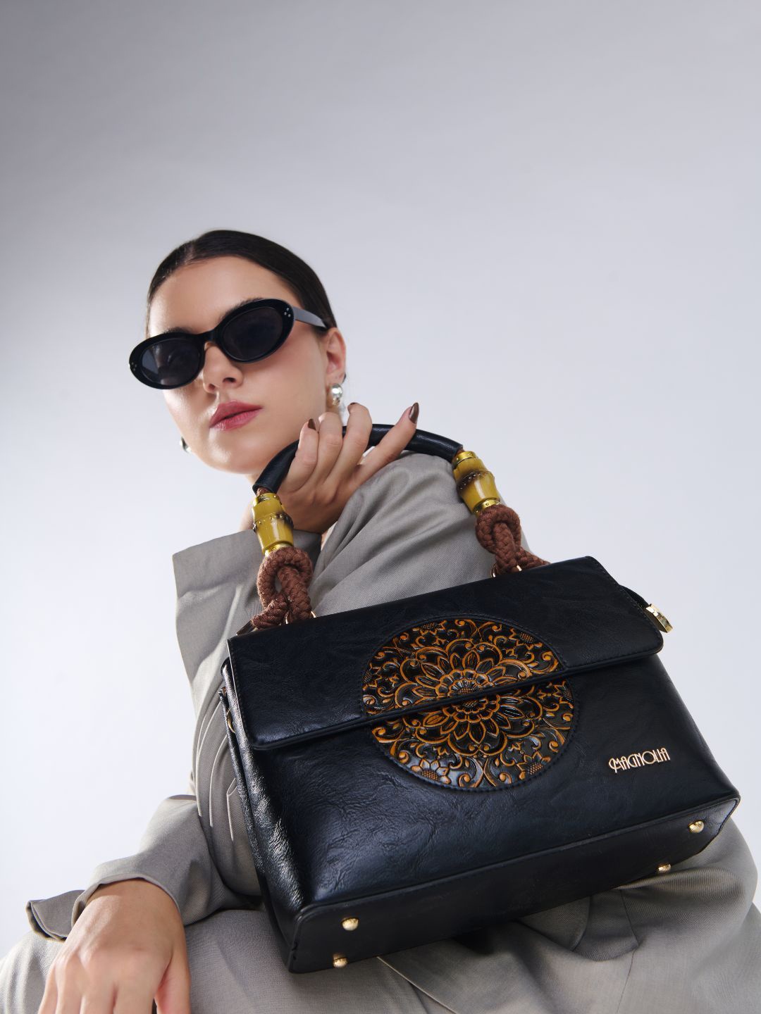 

MAGNOLIA Embellished PU Structured Satchel, Black