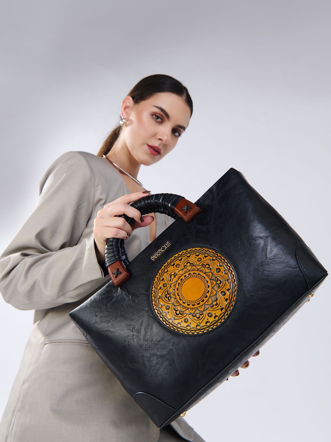 

MAGNOLIA Embellished PU Structured Shoulder Bag, Black