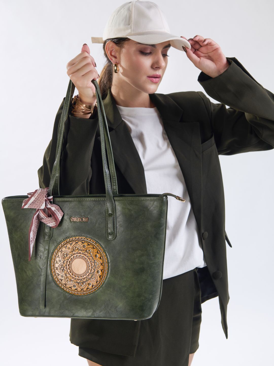 

MAGNOLIA Embellished PU Shopper Tote Bag, Green