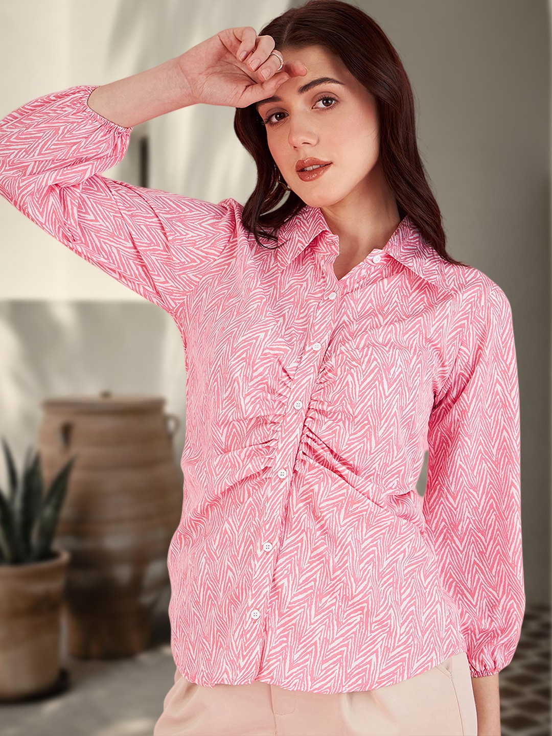 

DressBerry Women Classic Multi Stripes Opaque Printed Casual Shirt, Pink