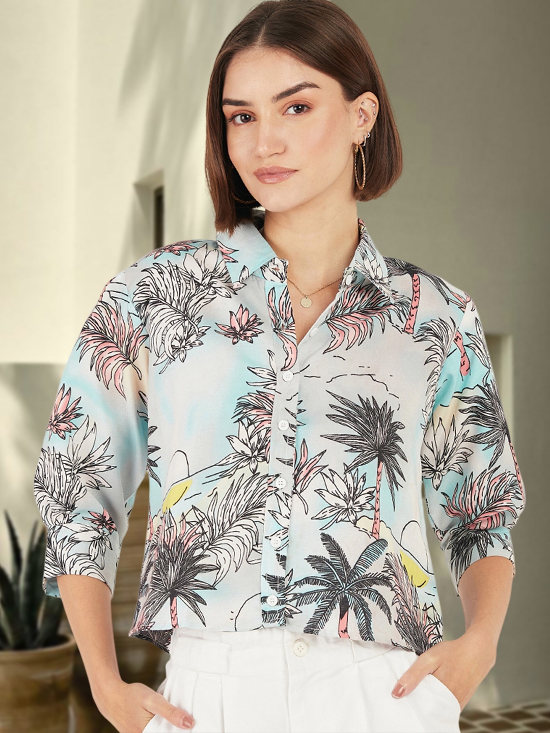 

DressBerry Women Classic Boxy Floral Opaque Printed Casual Shirt, Blue