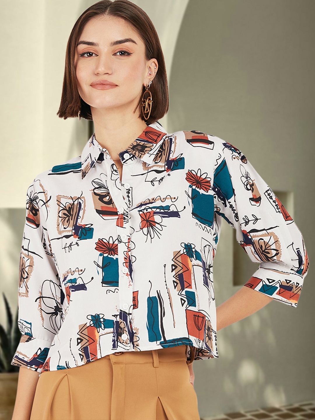 

DressBerry Women Classic Boxy Floral Opaque Printed Casual Shirt, White