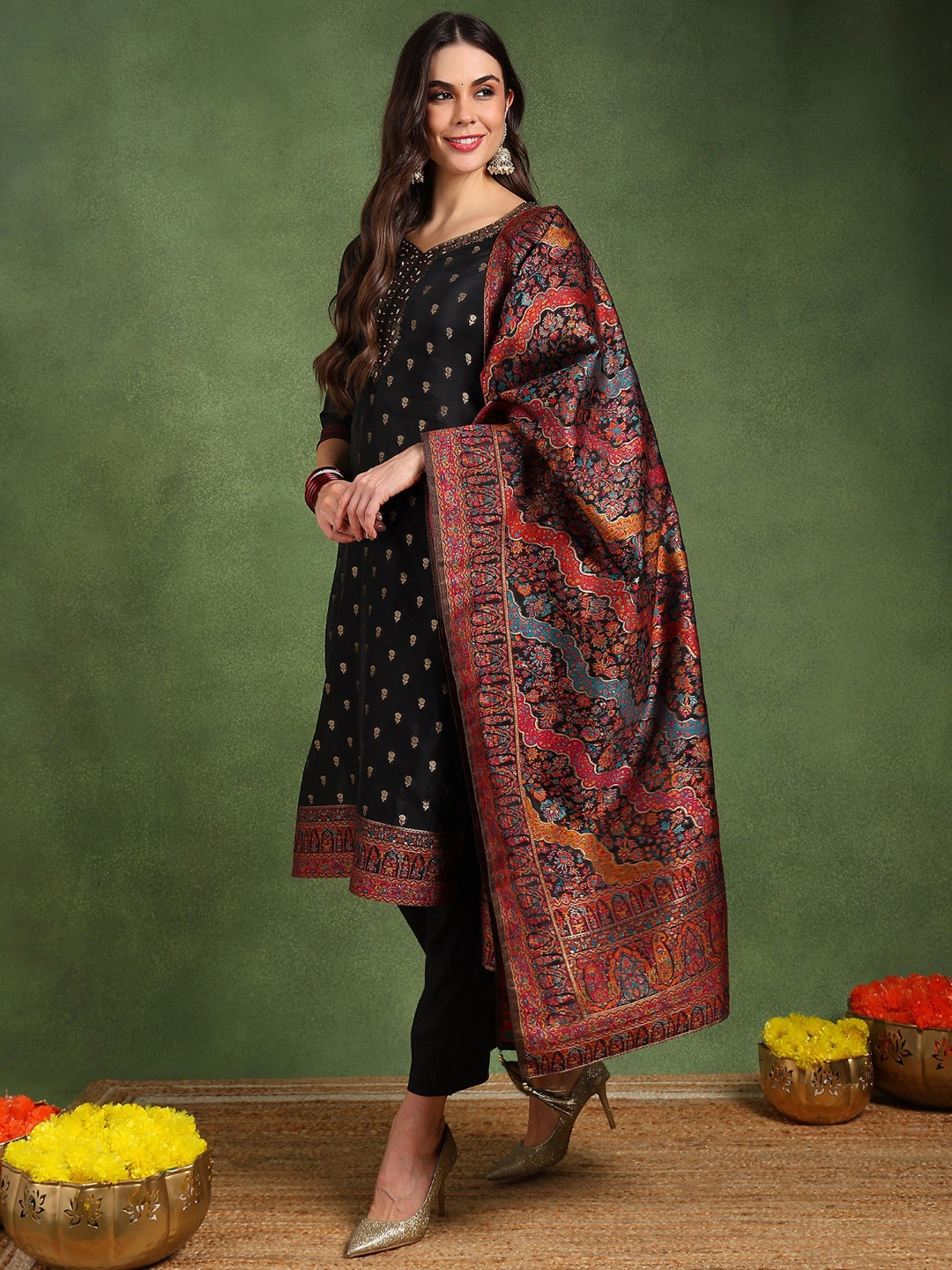 

KALINI Women Regular Beads and Stones Kurta with Trousers & With Dupatta, Black