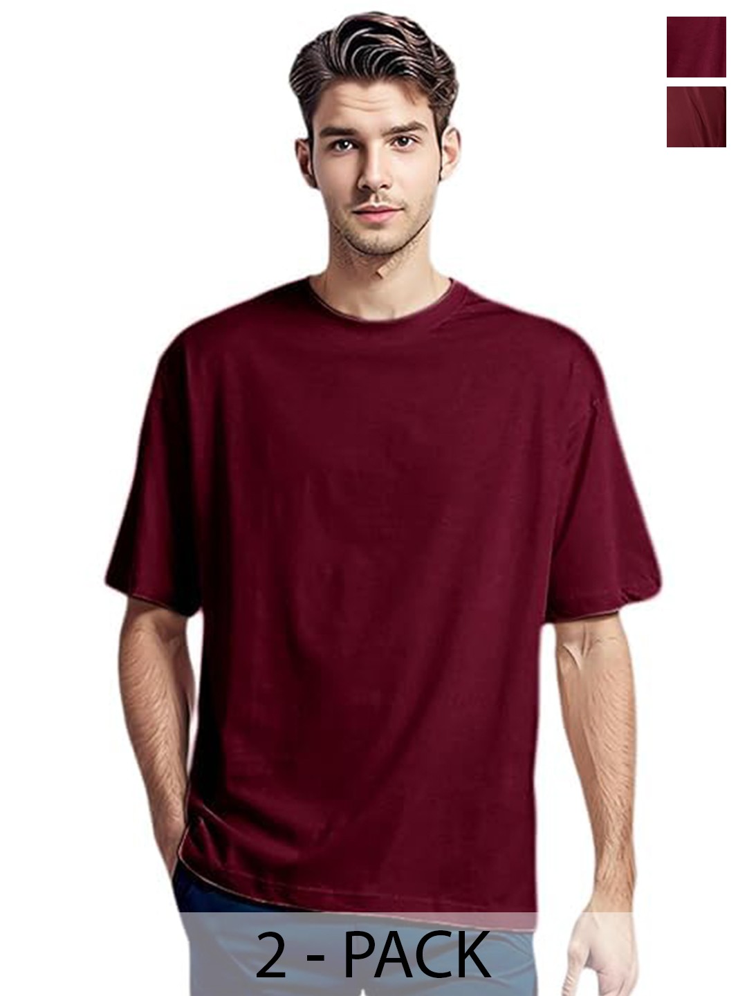 

NOTWILD Men Pack Of 2 Solid Relaxed Fit Cotton Longline T-shirts, Maroon
