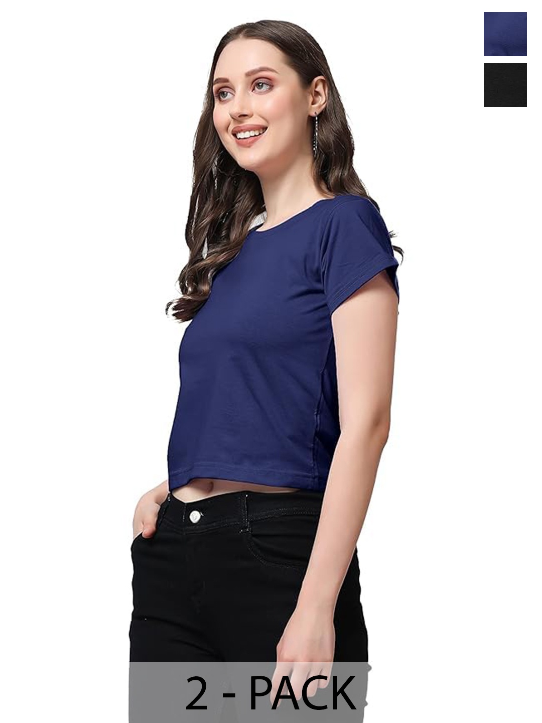 

NOTWILD Women Pack Of 2 Solid Round Neck Cotton Boxy T-shirts, Navy blue