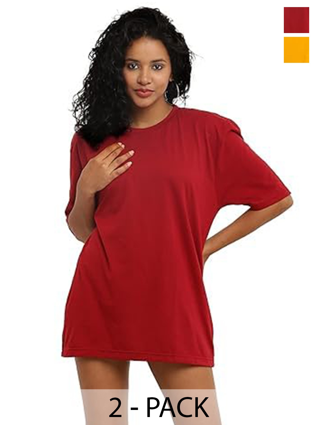 

NOTWILD Women Pack Of 2 Solid Round Neck Cotton Oversized T-shirts, Maroon