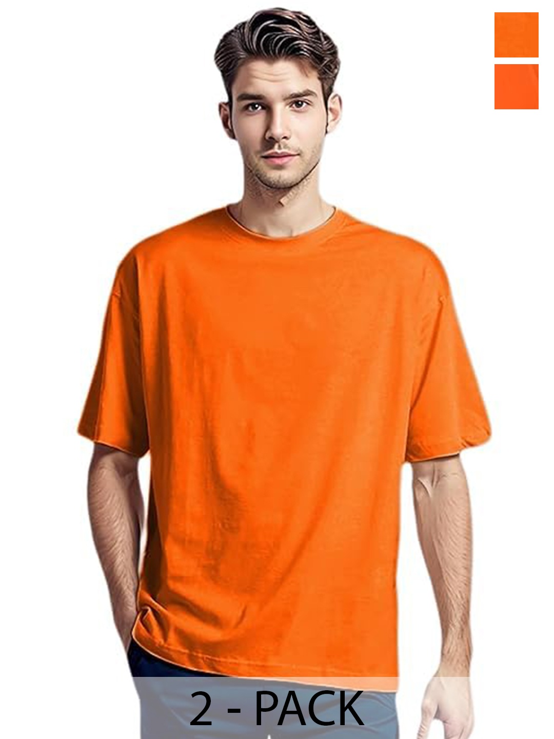 

NOTWILD Men Pack Of 2 Solid Relaxed Fit Cotton Longline T-shirts, Orange