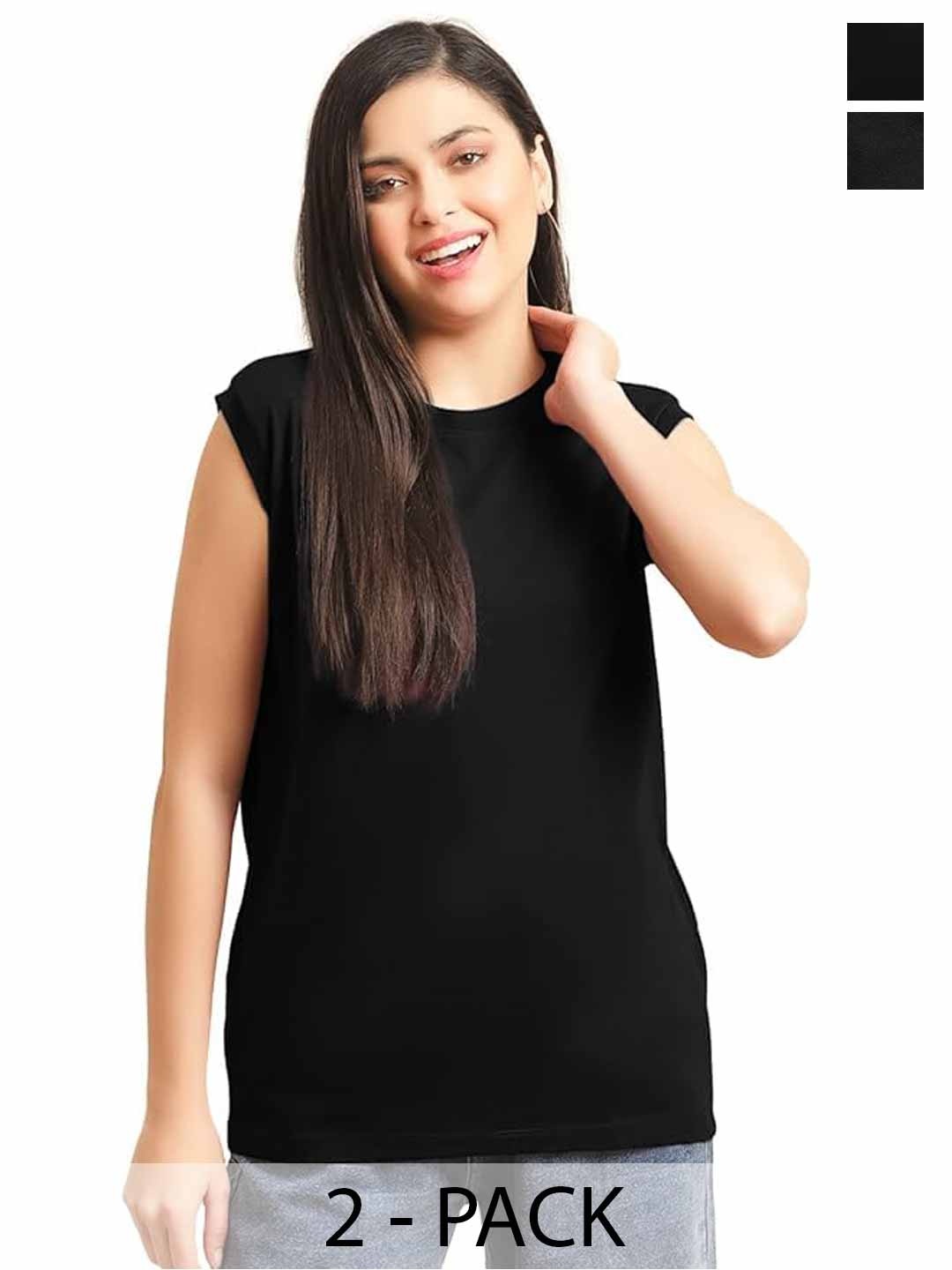 

NOTWILD Women Pack Of 2 Solid Round Neck Cotton Oversized T-shirts, Black