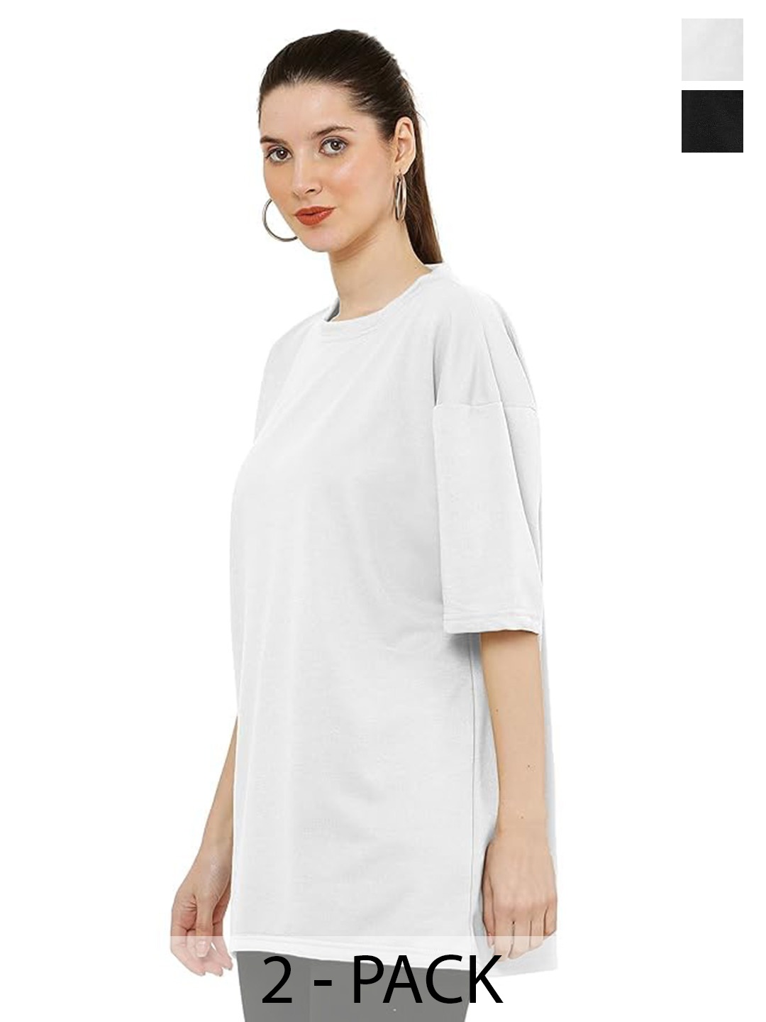 

NOTWILD Women Pack Of 2 Solid Round Neck Cotton Oversized T-shirts, Black