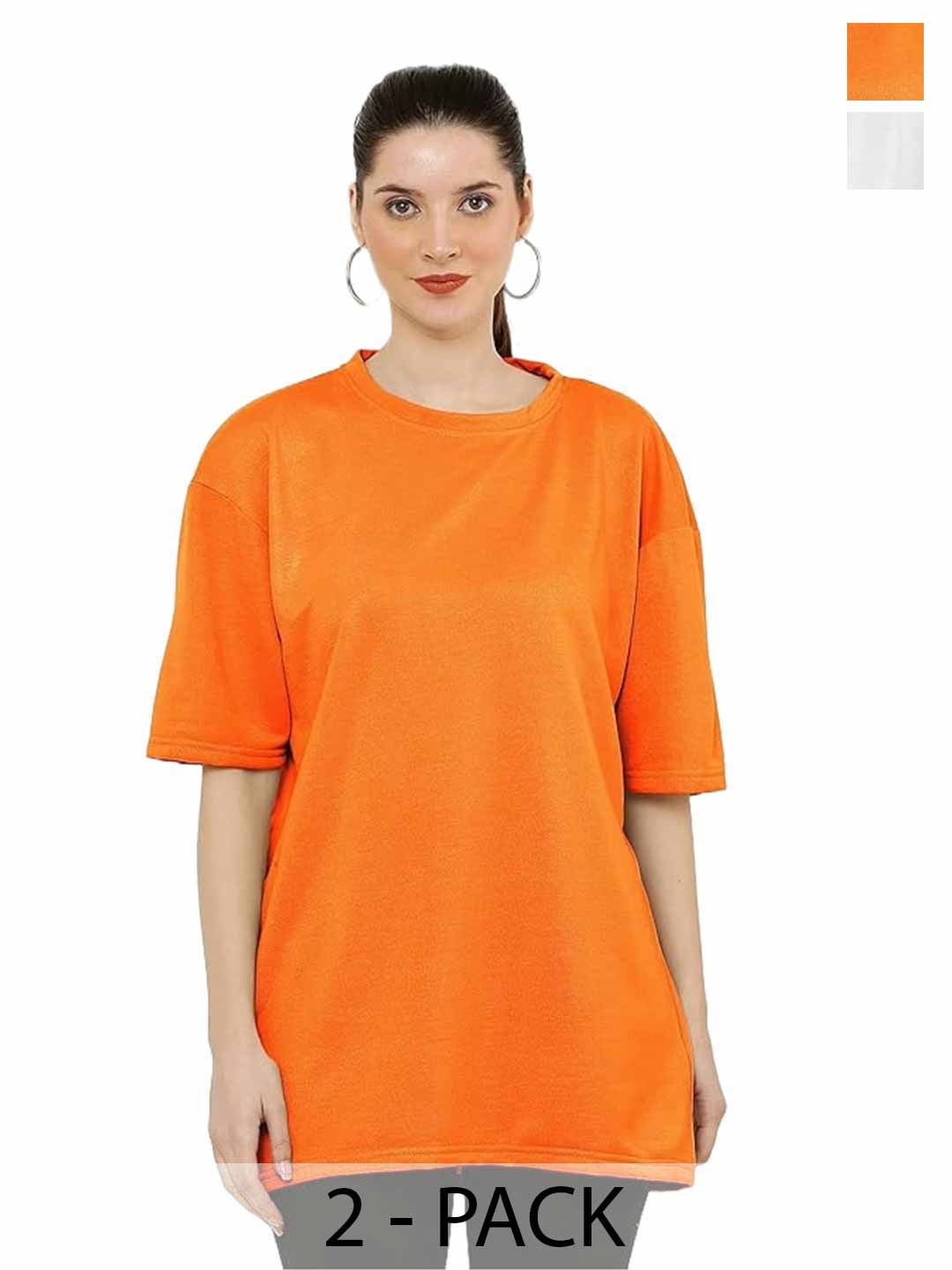 

NOTWILD Women Pack Of 2 Solid Round Neck Cotton Oversized T-shirts, Orange