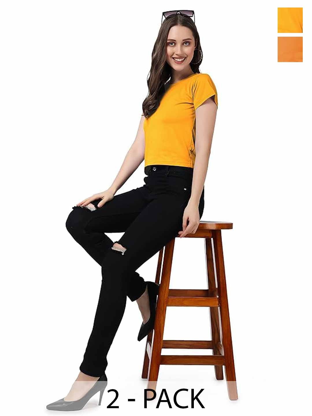 

NOTWILD Women Pack Of 2 Solid Round Neck Cotton Boxy T-shirts, Mustard