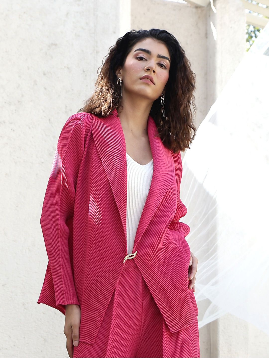 

Global Republic Self Design Open Front Shrug, Pink