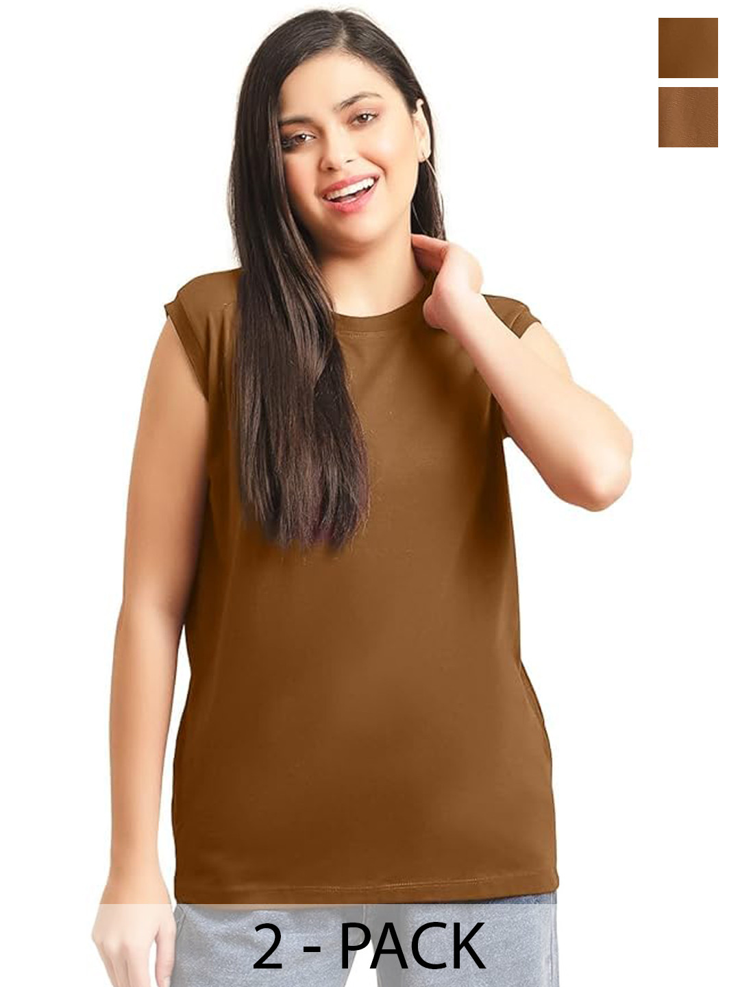 

NOTWILD Women Pack Of 2 Solid Round Neck Cotton Boxy T-shirts, Brown