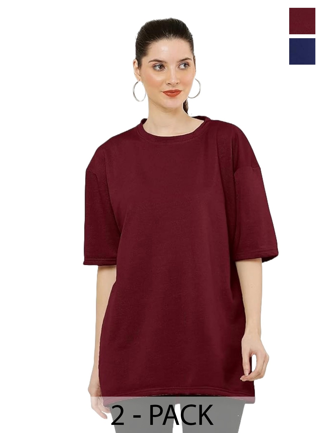 NOTWILD Women Pack Of 2 Solid Round Neck Cotton Oversized T-shirts, Maroon