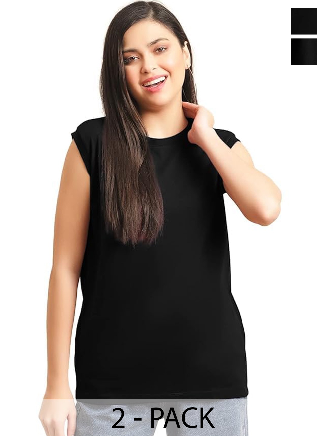 

NOTWILD Women Pack Of 2 Solid Round Neck Cotton Boxy T-shirts, Black