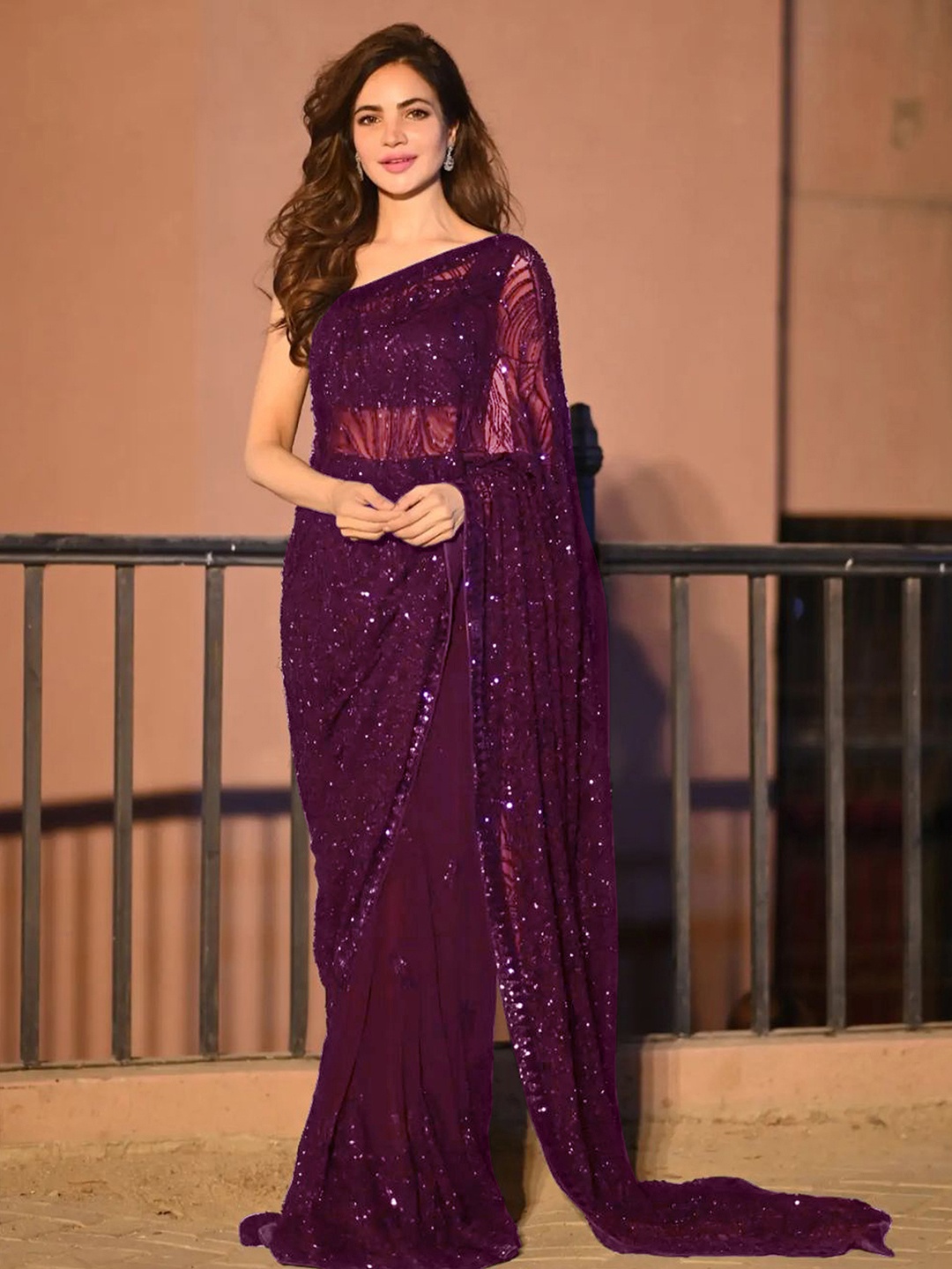 

Sangria Embellished Party Wear Saree With Blouse Piece, Magenta