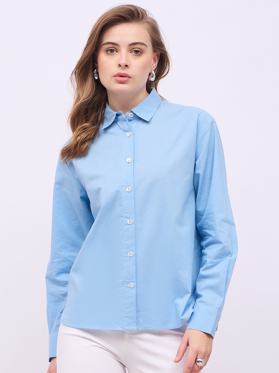 

Styli Women Spread Collar Solid Cotton Casual Shirt, Blue