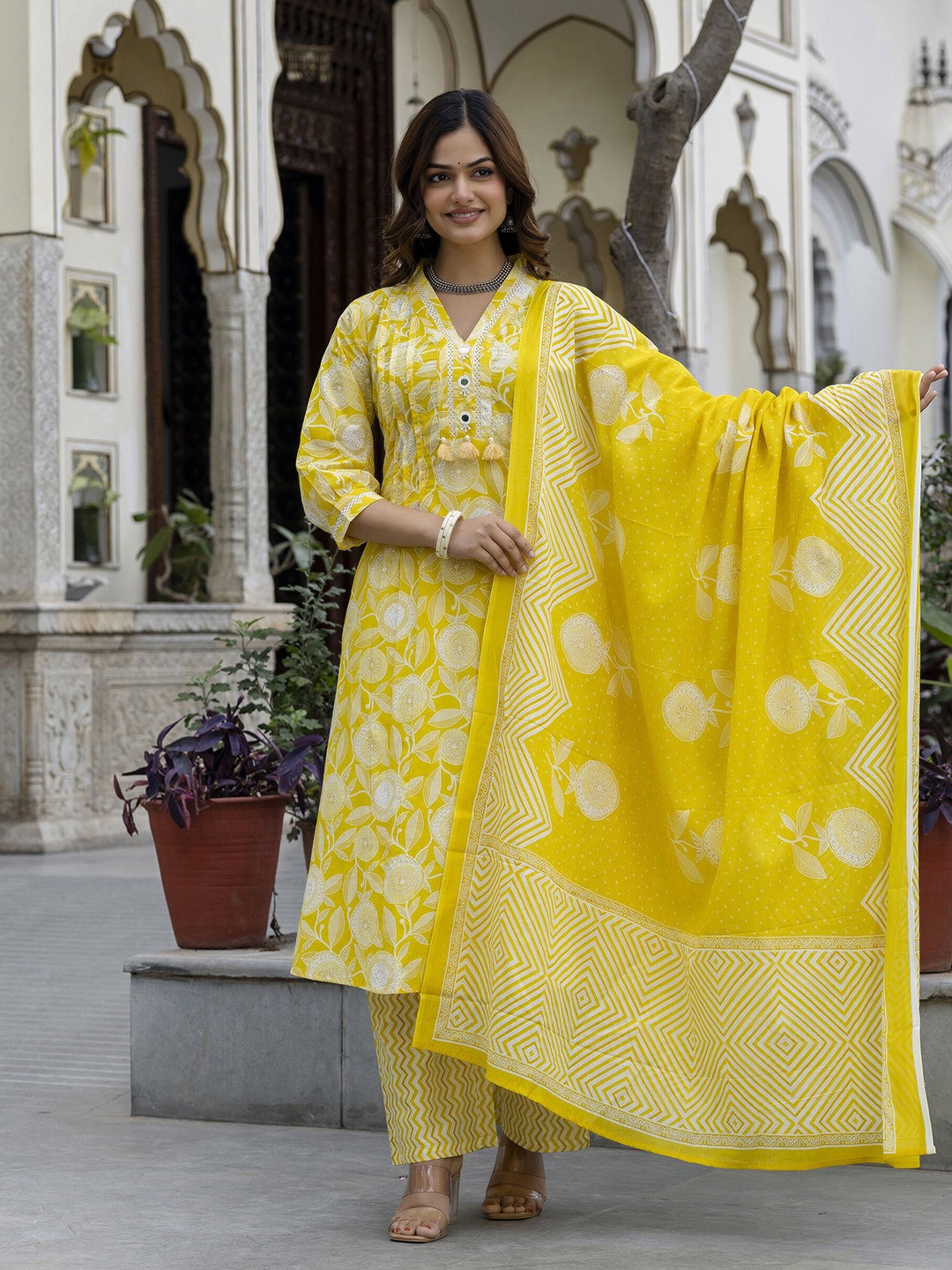 

EthniFlair Floral Printed Mirror Work Pure Cotton A-Line Kurta With Palazzos & Dupatta, Yellow