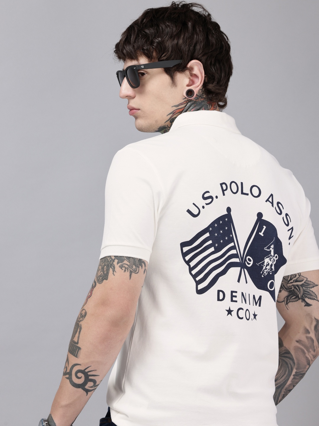 

U.S. Polo Assn. Denim Co. Pure Cotton Brand Logo Printed Polo Collar Slim Fit T-shirt, White