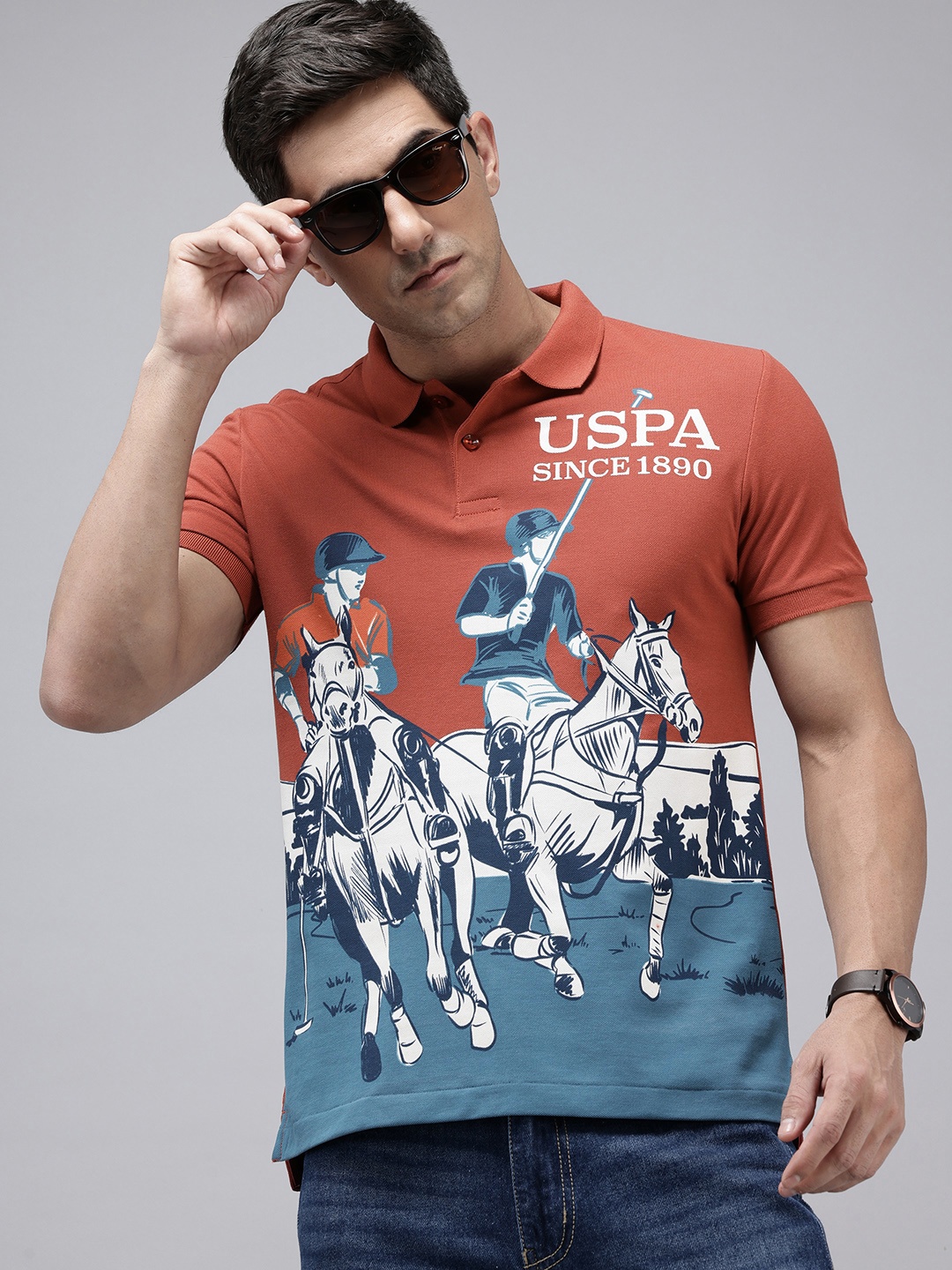 

U.S. Polo Assn. Denim Co. Printed Polo Collar Pure Cotton Slim Fit T-shirt, Rust