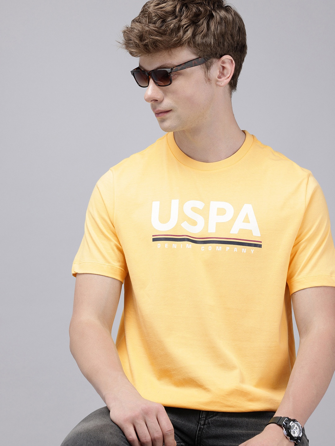 

U.S. Polo Assn. Denim Co. Brand Logo Printed Pure Cotton Slim Fit T-shirt, Yellow