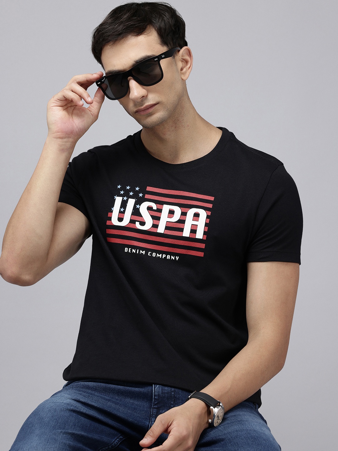 

U.S. Polo Assn. Denim Co. Brand Logo Printed Pure Cotton Slim Fit T-shirt, Black