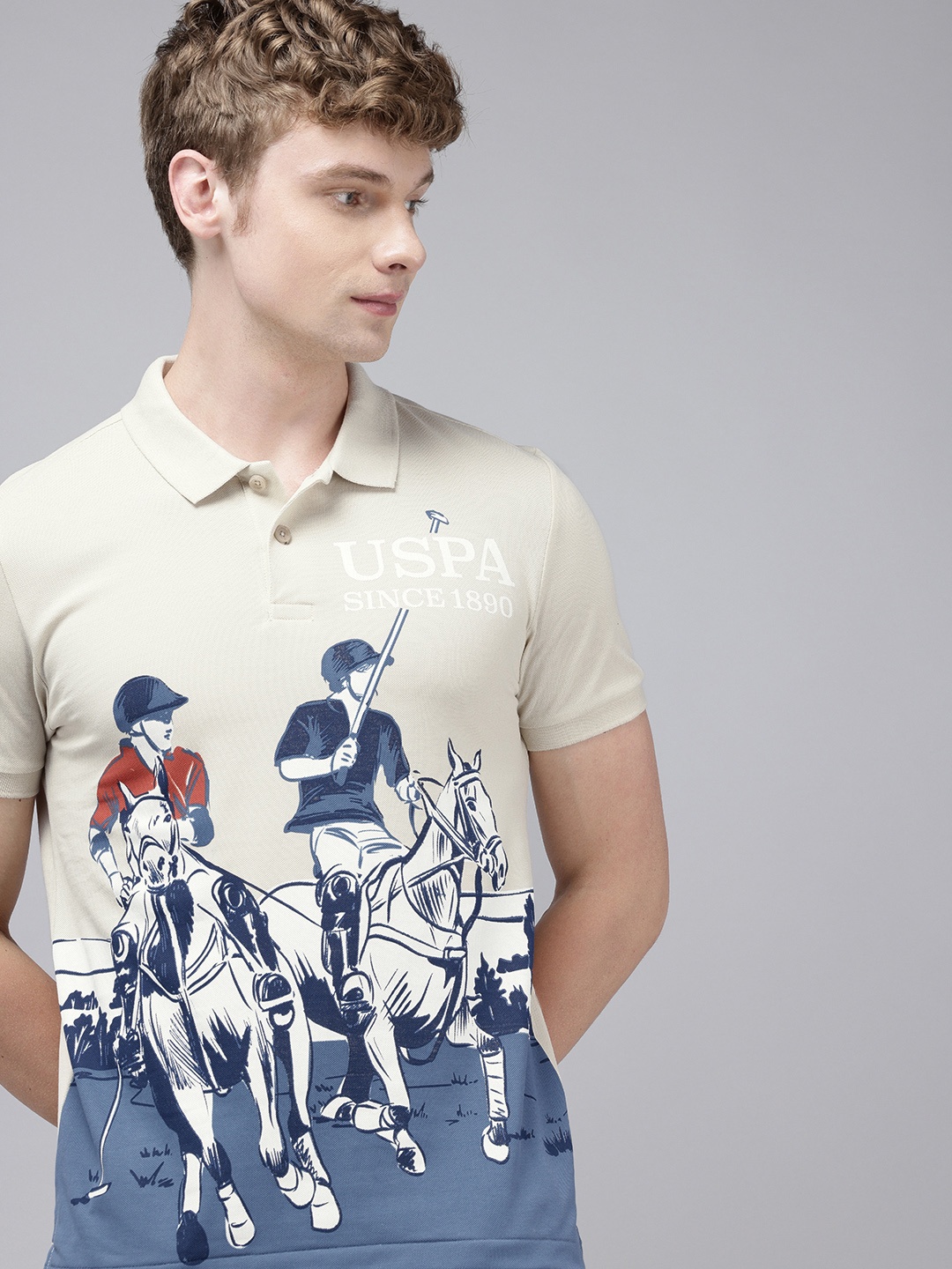 

U.S. Polo Assn. Denim Co. Brand Logo Printed Polo Collar Pure Cotton Slim Fit T-shirt, Beige