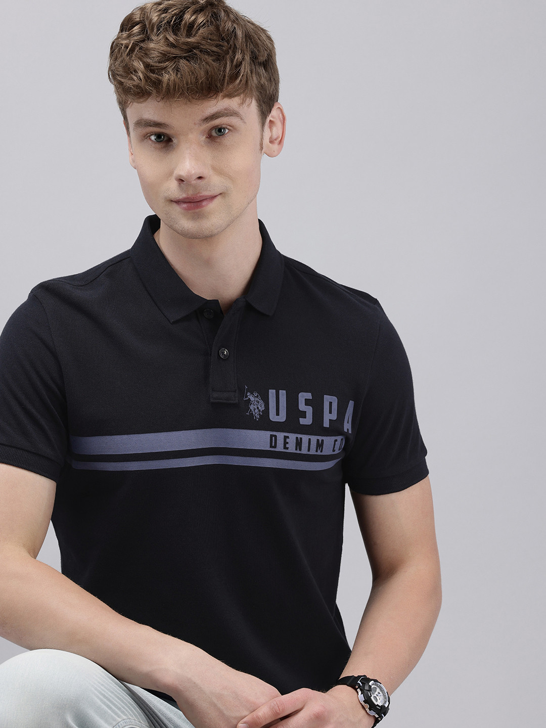 

U.S. Polo Assn. Denim Co. Brand Logo Printed Polo Collar Pure Cotton Slim Fit T-shirt, Navy blue