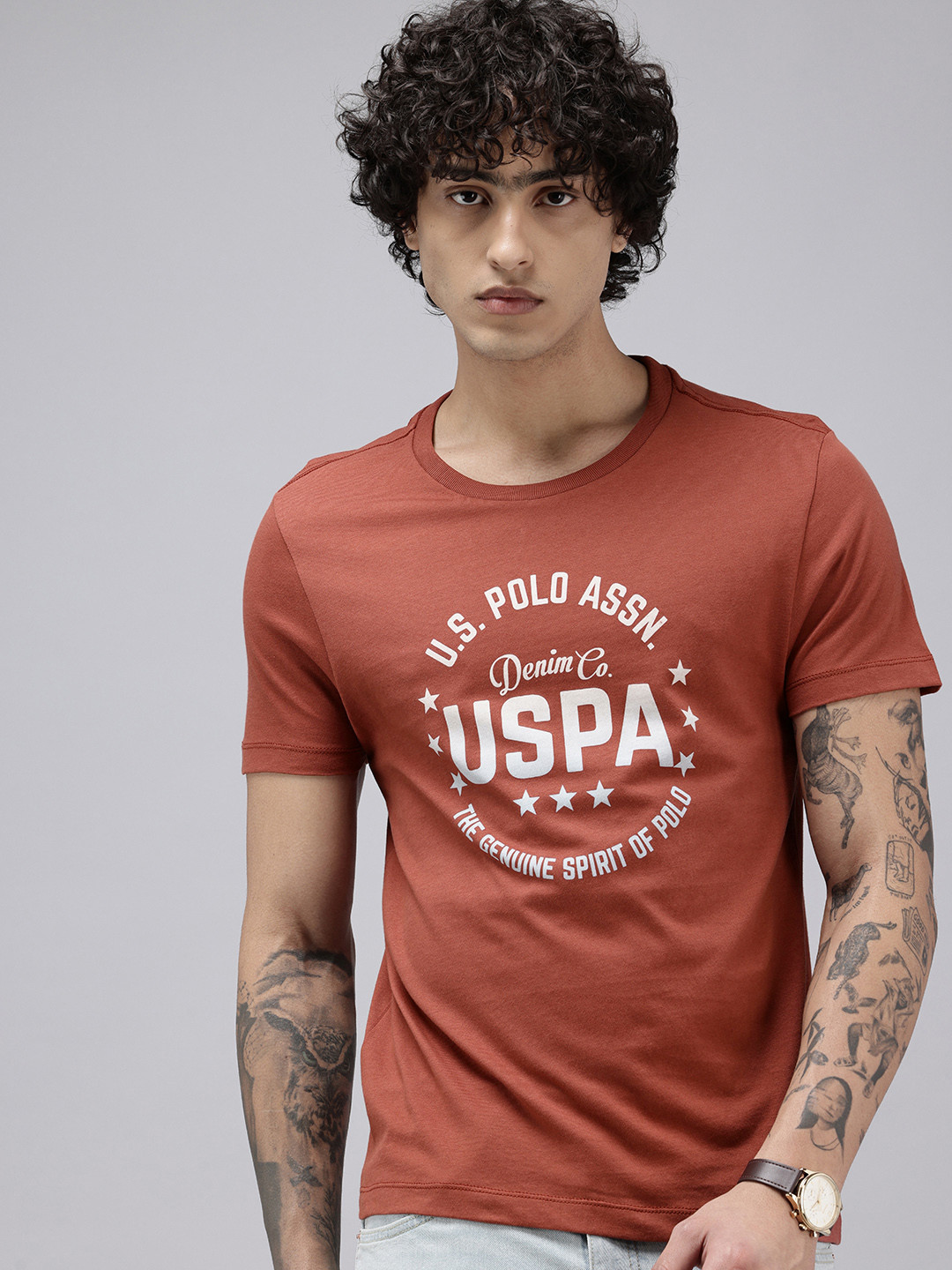 

U.S. Polo Assn. Denim Co. Pure Cotton Brand Logo Printed Slim Fit T-shirt, Rust