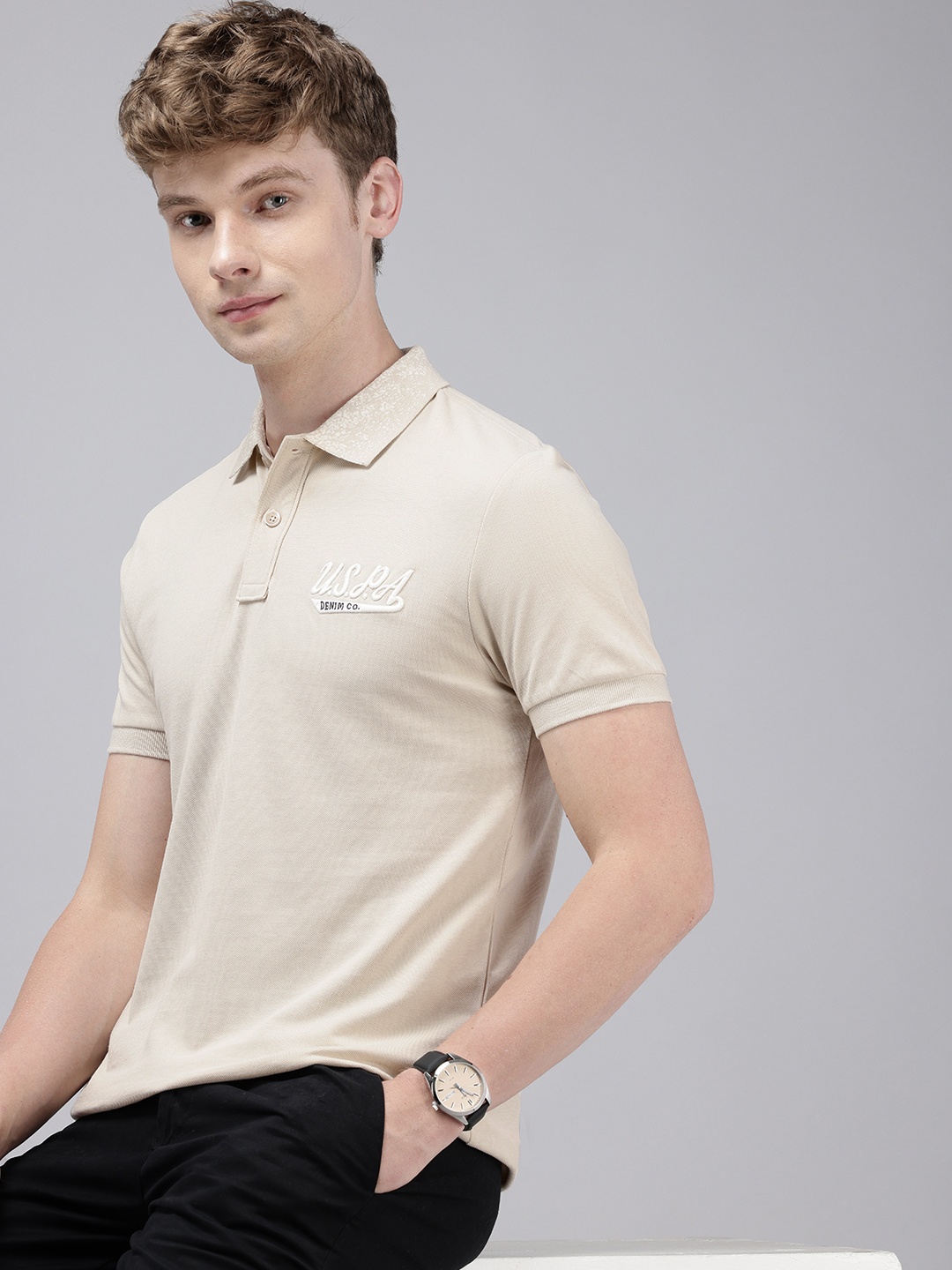 

U.S. Polo Assn. Denim Co. Polo Collar Pure Cotton Slim Fit T-shirt, Beige