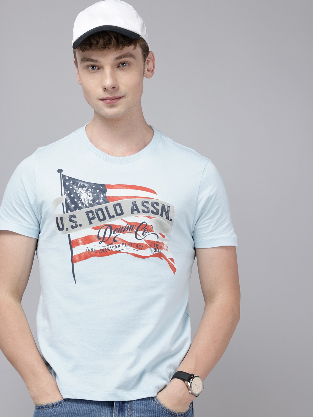 

U.S. Polo Assn. Denim Co. Brand Logo Printed Pure Cotton Slim Fit T-shirt, Blue