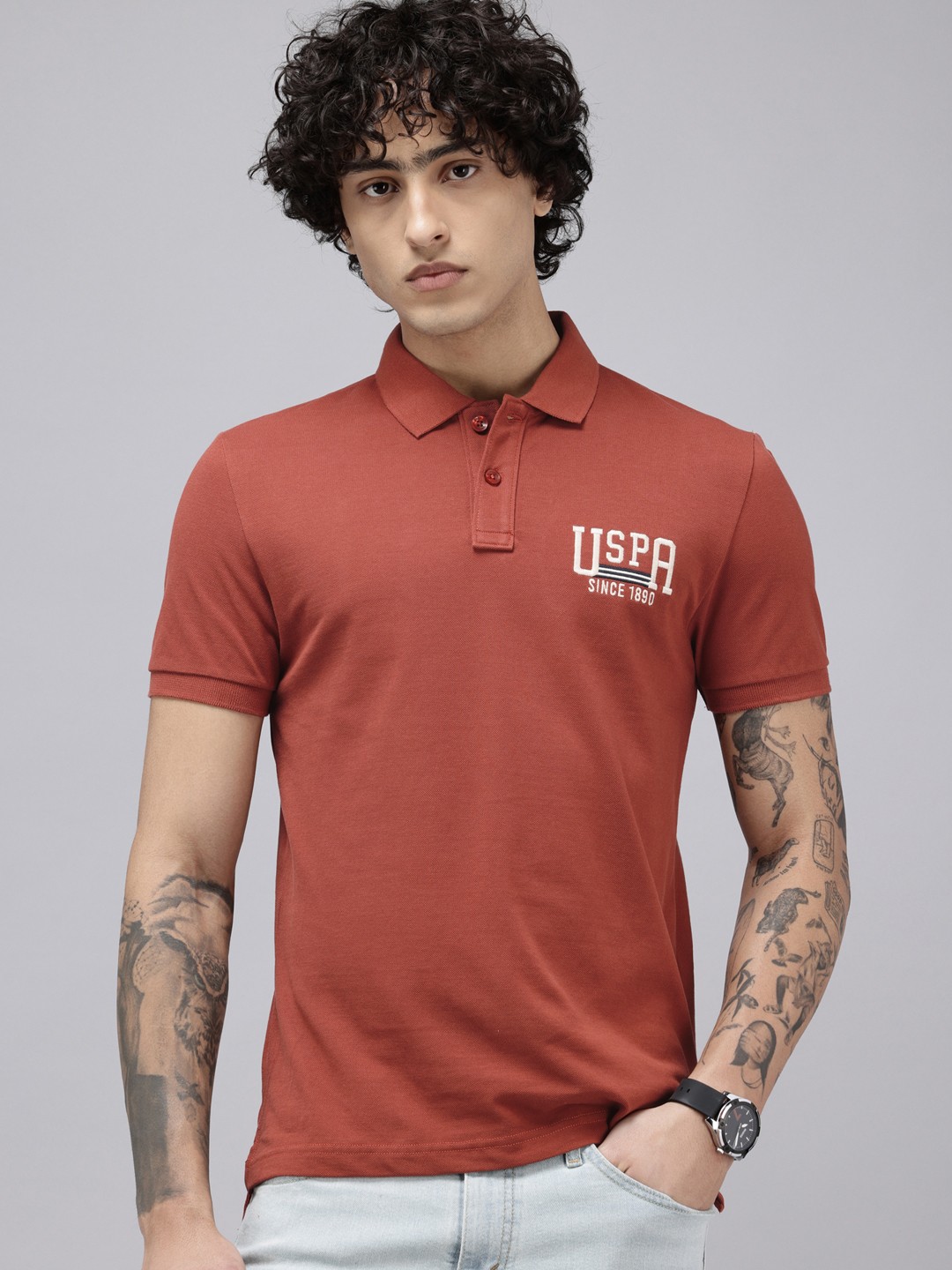 

U.S. Polo Assn. Denim Co. Pure Cotton Brand Logo Printed Polo Collar Slim Fit T-shirt, Rust