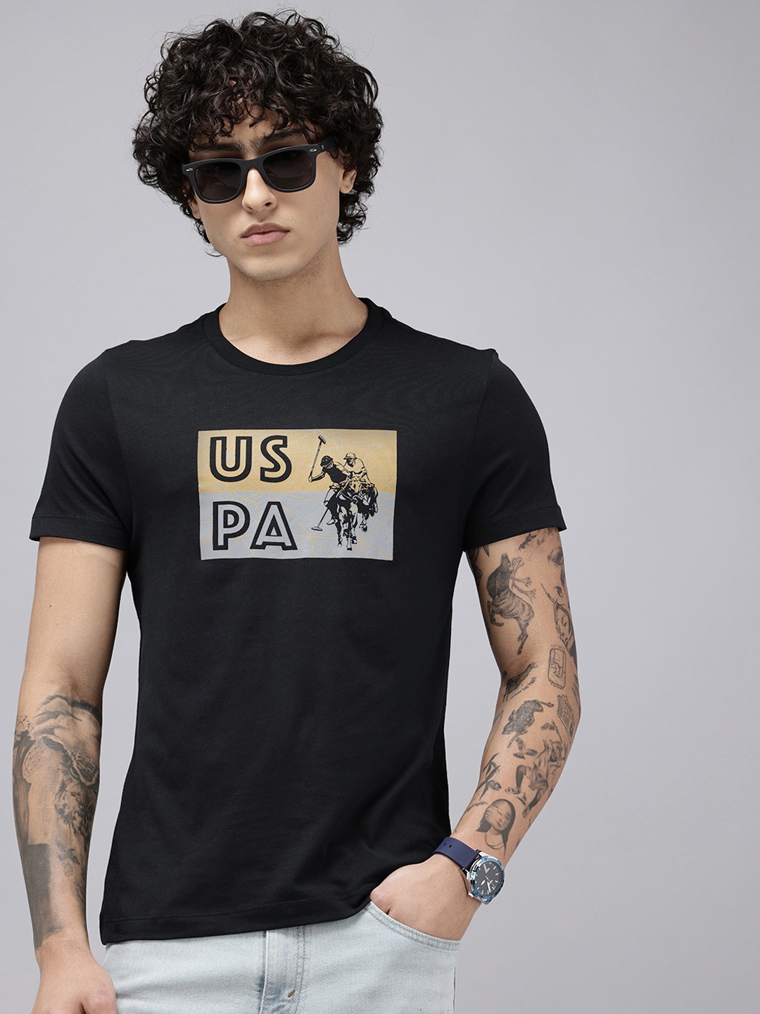 

U.S. Polo Assn. Denim Co. Brand Logo Printed Pure Cotton Slim Fit T-shirt, Black