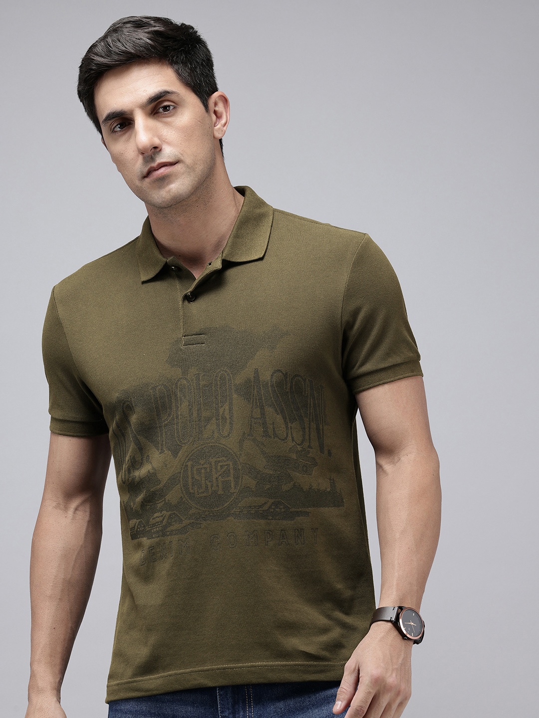 

U.S. Polo Assn. Denim Co. Brand Logo Printed Polo Collar Pure Cotton Slim Fit T-shirt, Olive