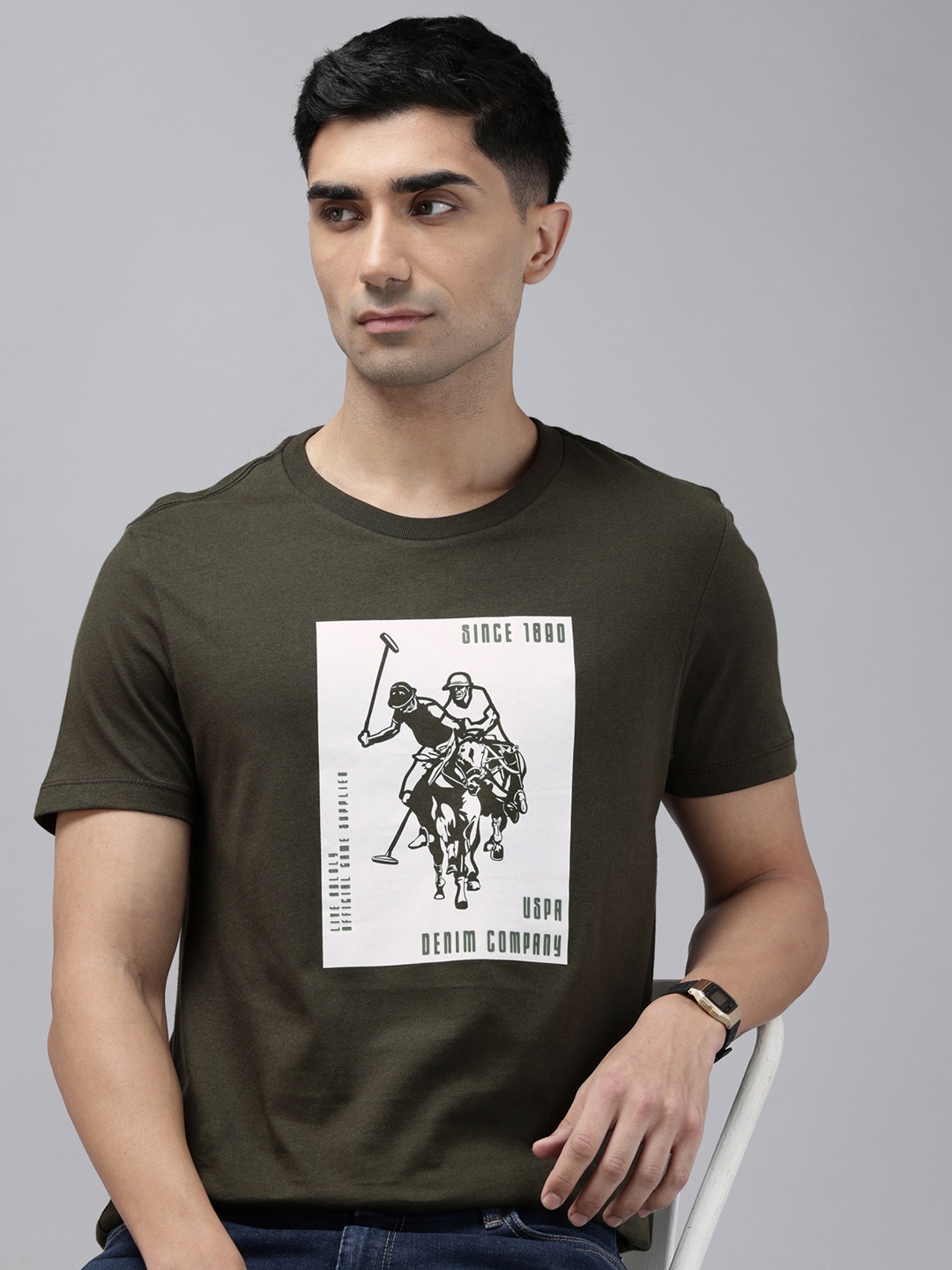 

U.S. Polo Assn. Denim Co. Slim Fit Graphic Printed Pure Cotton T-shirt, Olive