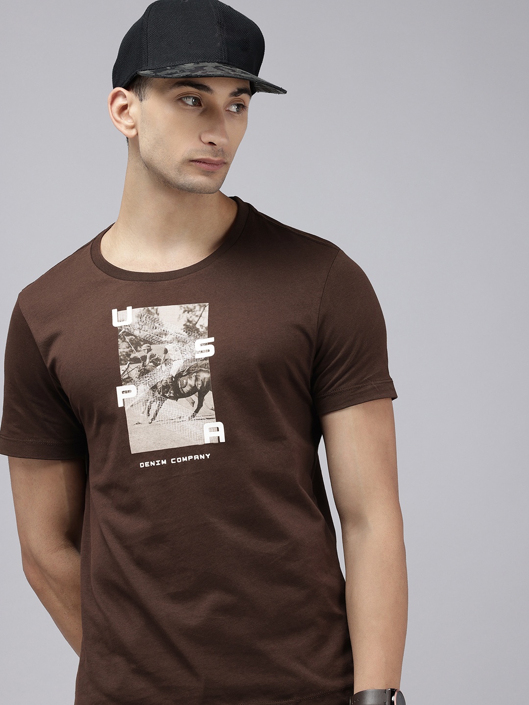 

U.S. Polo Assn. Denim Co. Graphic Printed Pure Cotton Slim Fit T-shirt, Coffee brown
