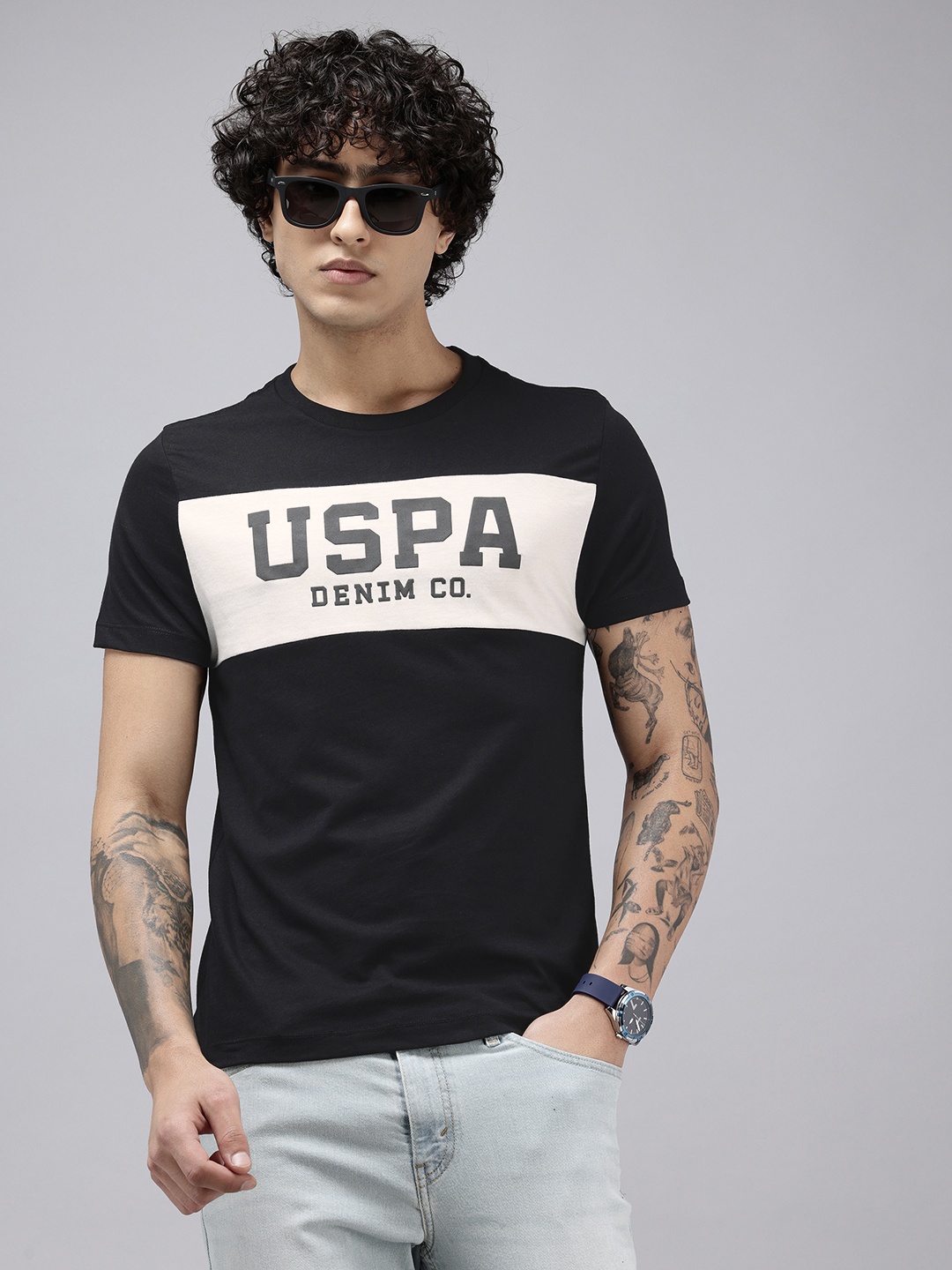 

U.S. Polo Assn. Denim Co. Brand Logo Printed Pure Cotton Slim Fit T-shirt, Black