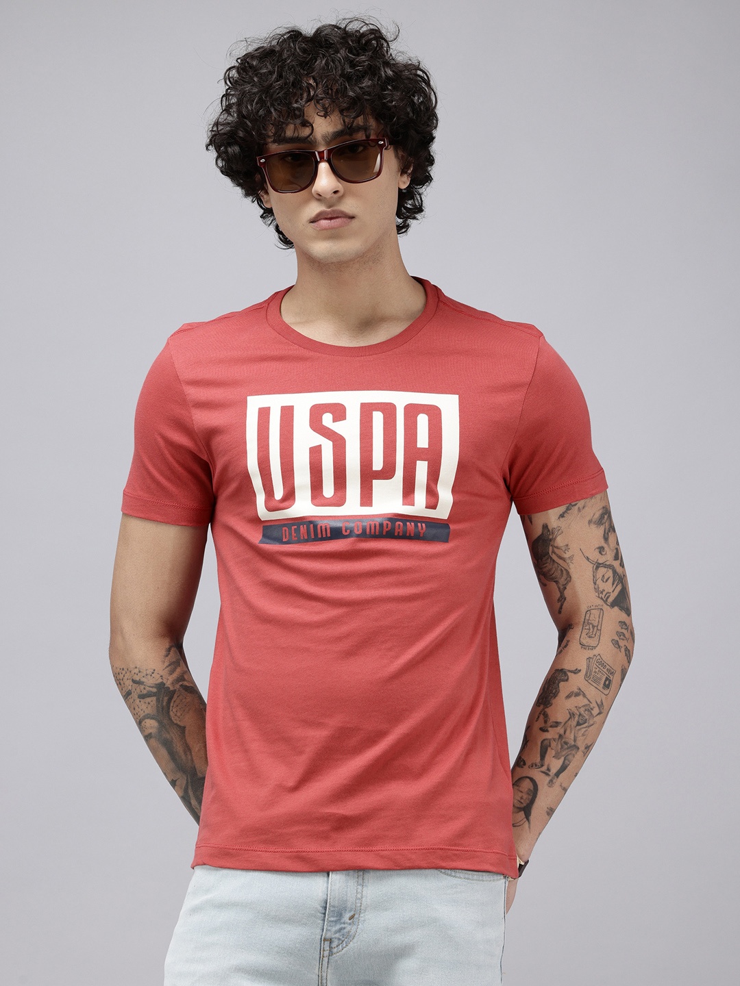 

U.S. Polo Assn. Denim Co. Pure Cotton Brand Logo Printed Slim Fit T-shirt, Red