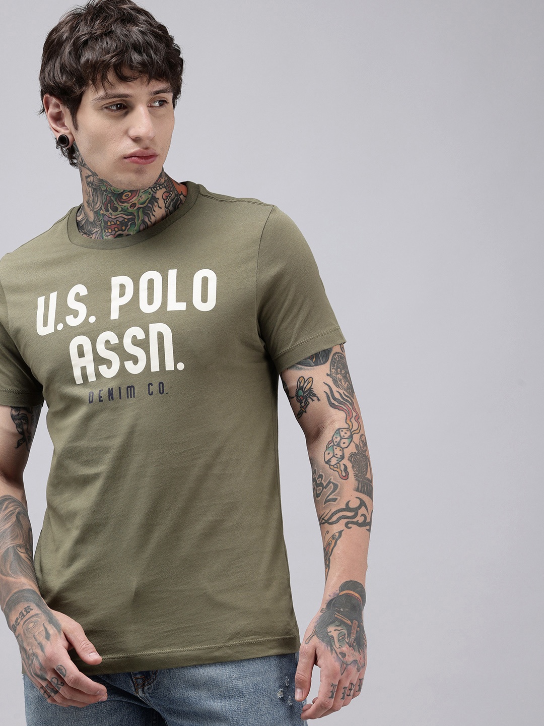 

U.S. Polo Assn. Denim Co. Brand Logo Printed Pure Cotton Slim Fit T-shirt, Olive