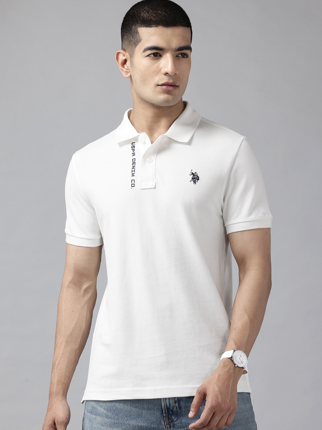 

U.S. Polo Assn. Denim Co. Men Polo Collar Slim Fit Cotton T-shirt, White