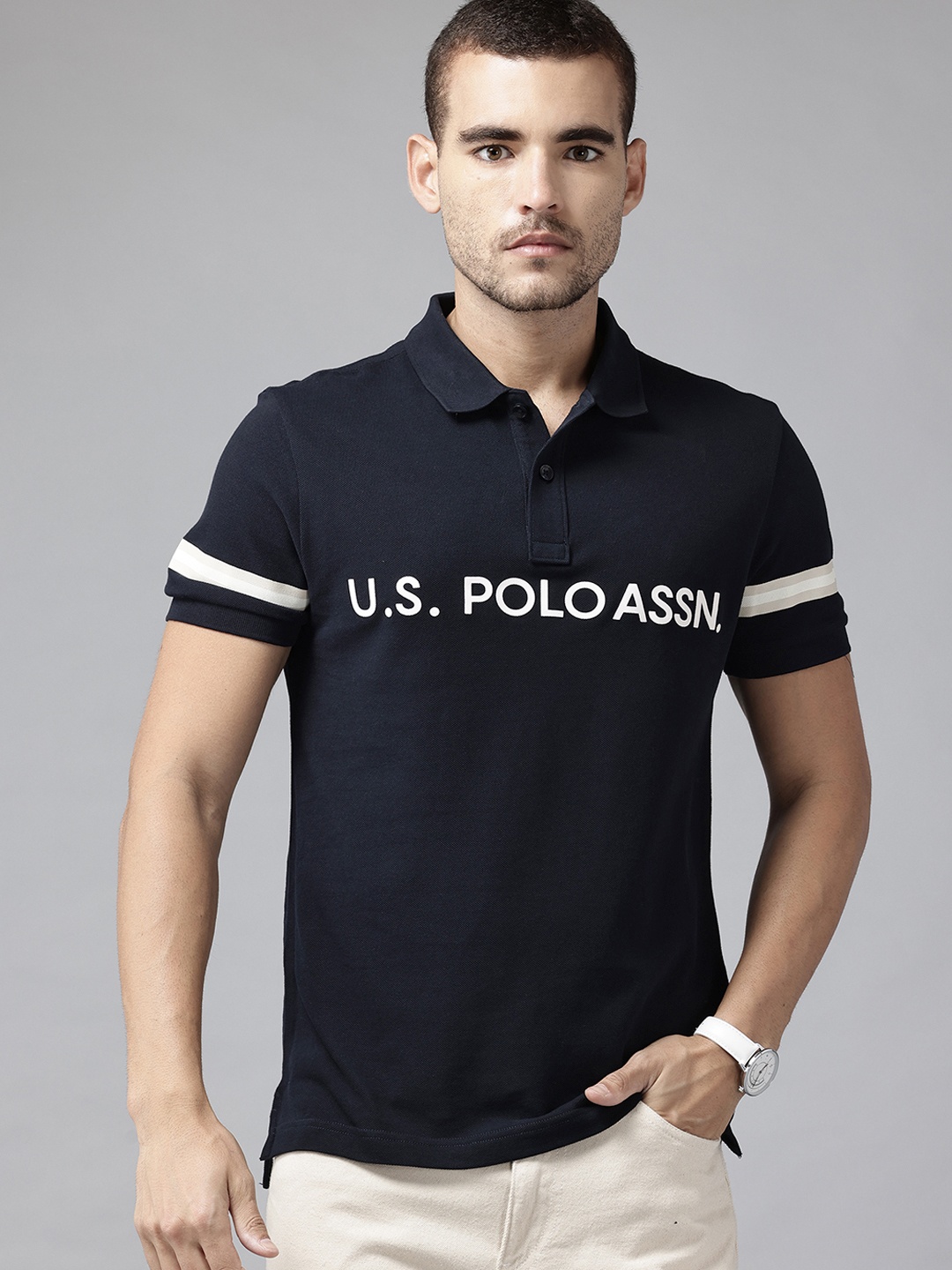 

U.S. Polo Assn. Denim Co. Men Brand Logo Printed Polo Collar Slim Fit Cotton T-shirt, Navy blue