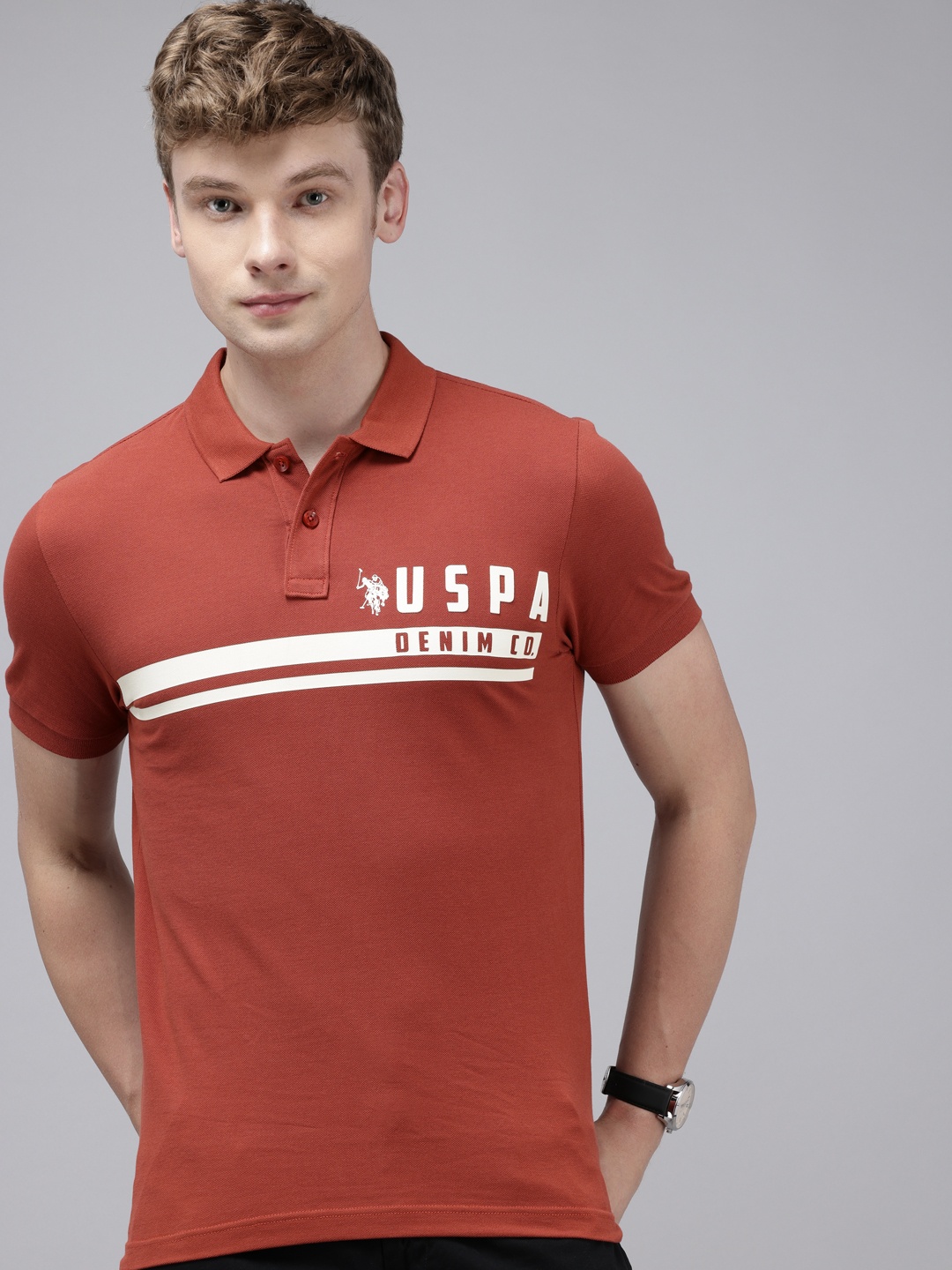 

U.S. Polo Assn. Denim Co. Brand Logo Printed Polo Collar Pure Cotton Slim Fit T-shirt, Rust