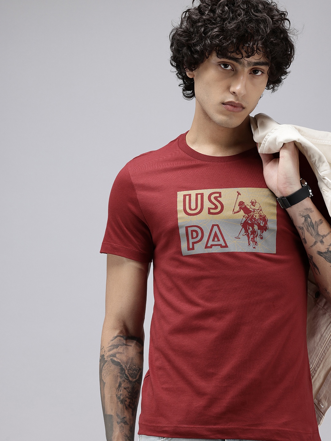 

U.S. Polo Assn. Denim Co. Pure Cotton Brand Logo Printed Slim Fit T-shirt, Maroon