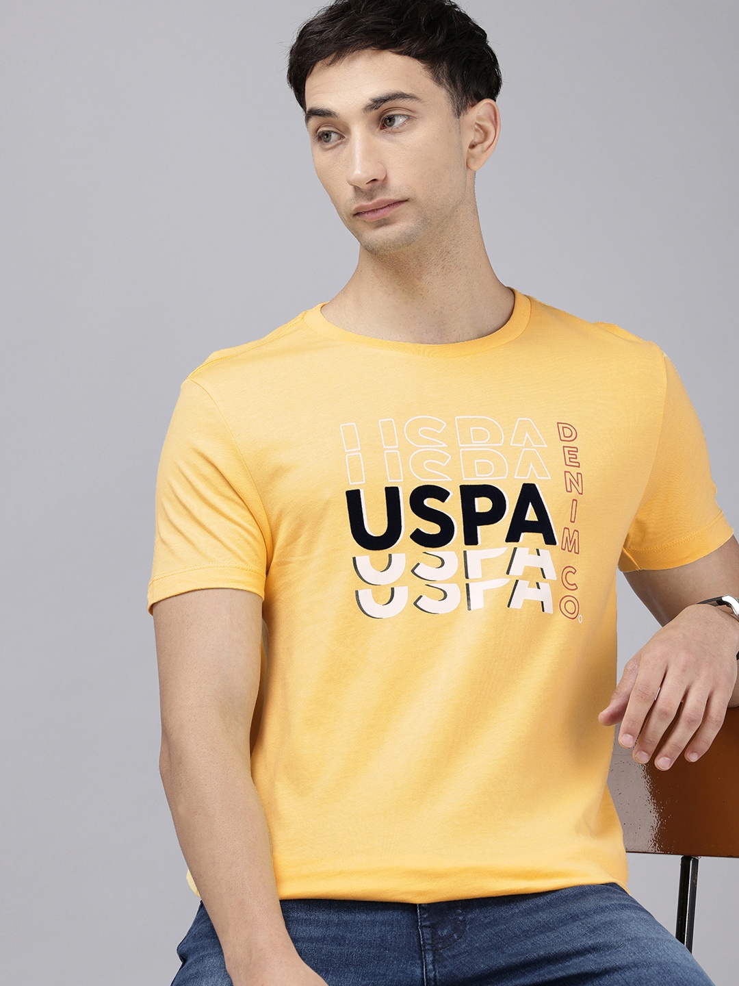 

U.S. Polo Assn. Denim Co. Brand Logo Printed Pure Cotton Slim Fit T-shirt, Yellow