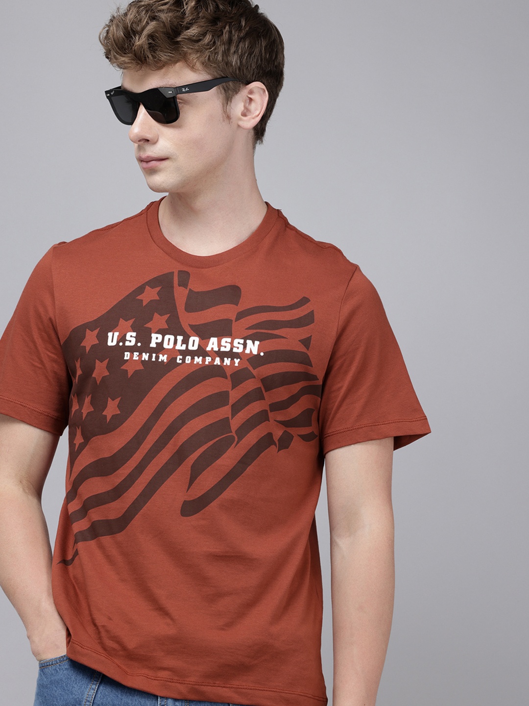 

U.S. Polo Assn. Denim Co. Brand Logo Printed Pure Cotton Slim Fit T-shirt, Rust