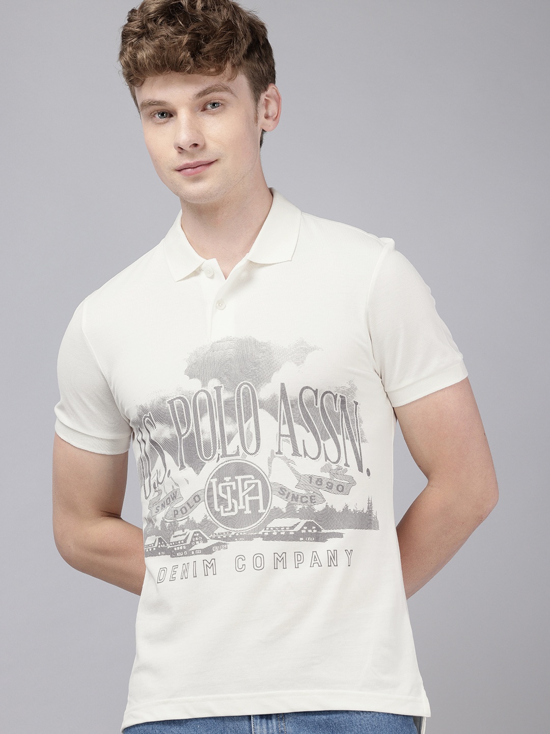 

U.S. Polo Assn. Denim Co. Graphic Printed Polo Collar Pure Cotton Slim Fit T-shirt, White