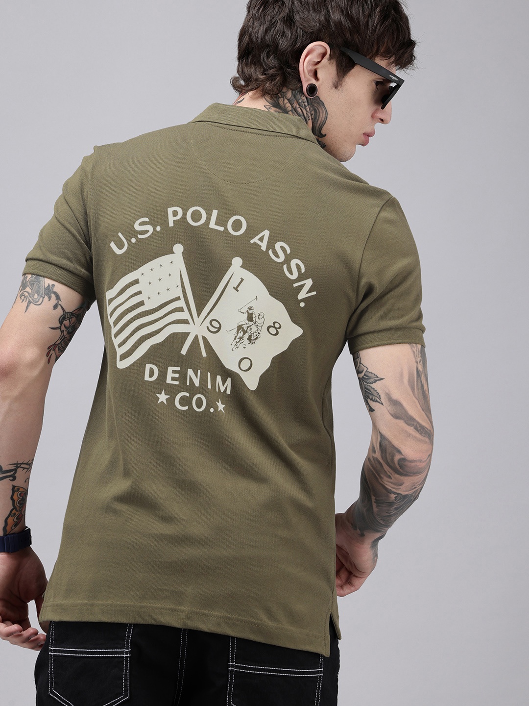 

U.S. Polo Assn. Denim Co. Pure Cotton Brand Logo Printed Polo Collar Slim Fit T-shirt, Olive