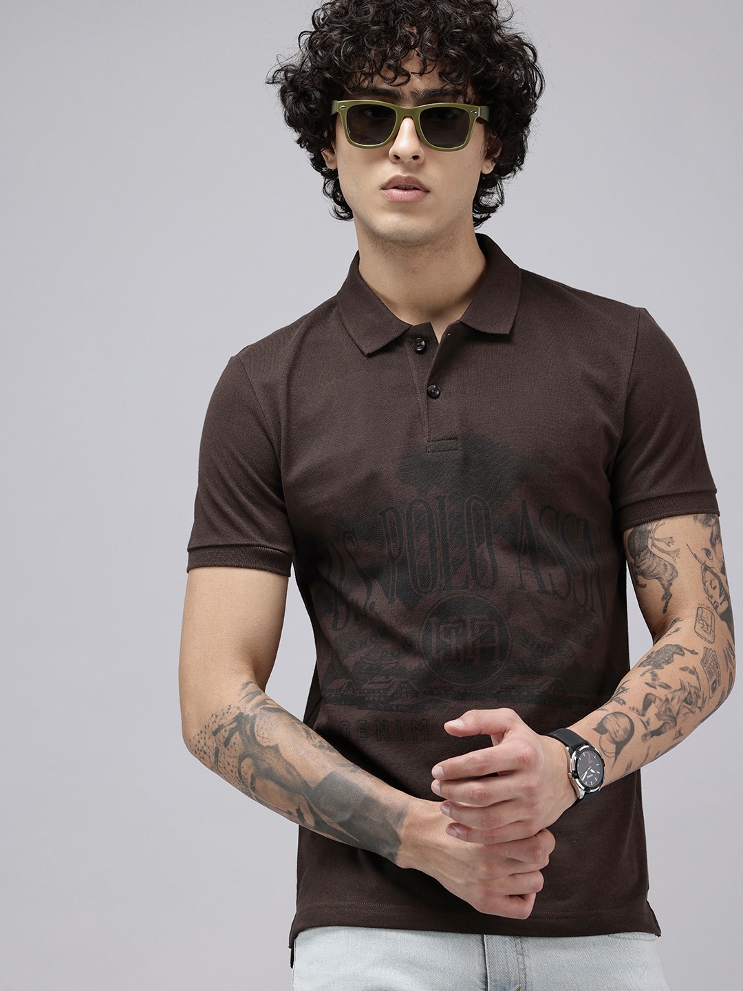 

U.S. Polo Assn. Denim Co. Pure Cotton Brand Logo Printed Polo Collar Slim Fit T-shirt, Brown