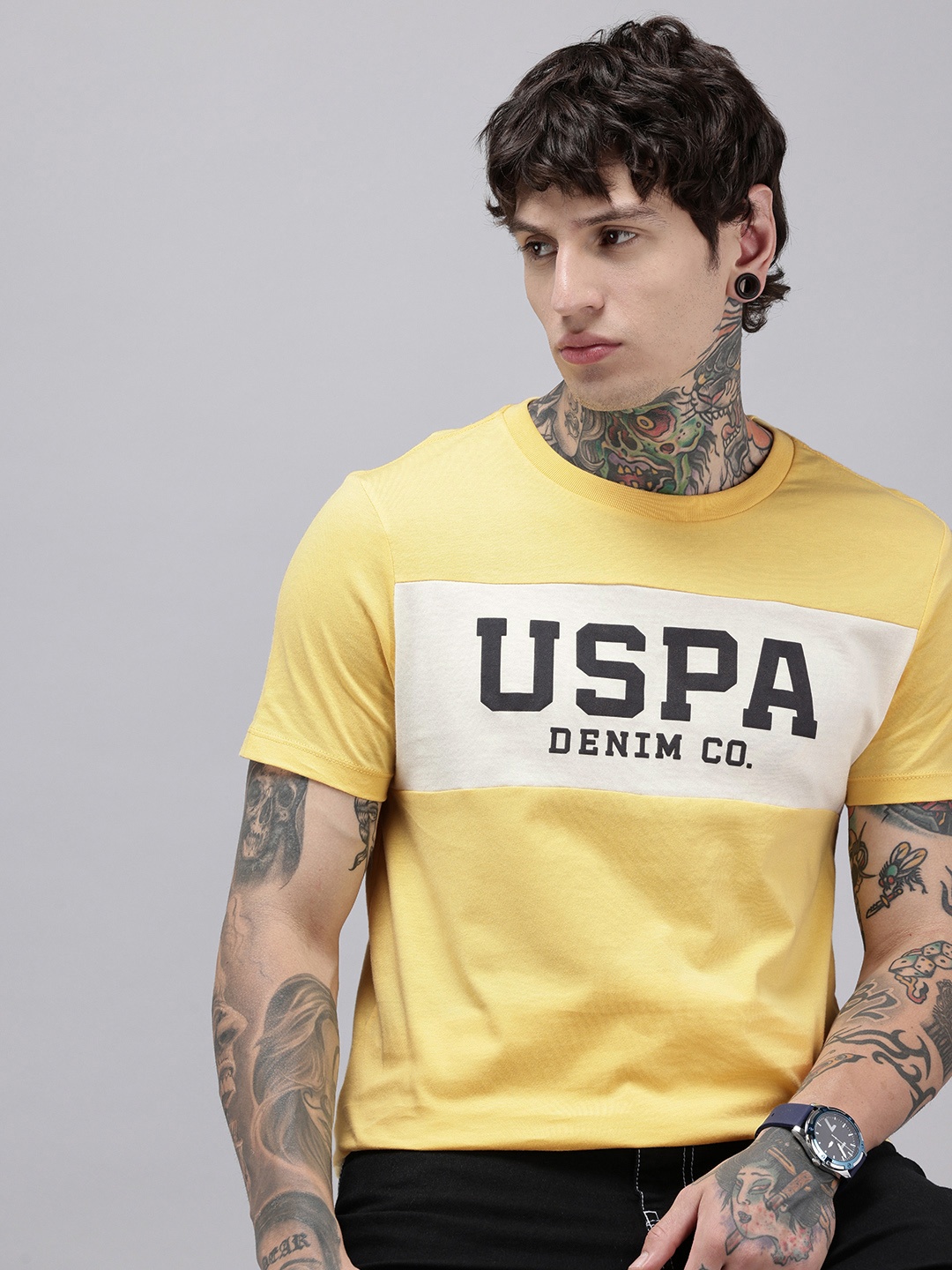 

U.S. Polo Assn. Denim Co. Pure Cotton Brand Logo Printed Slim Fit T-shirt, Yellow